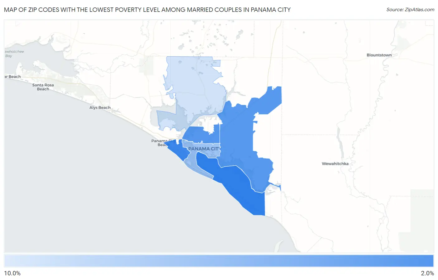 Zip Codes with the Lowest Poverty Level Among Married Couples in Panama City Map