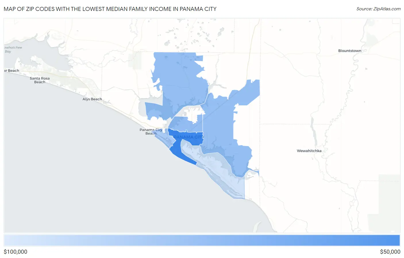 Zip Codes with the Lowest Median Family Income in Panama City Map