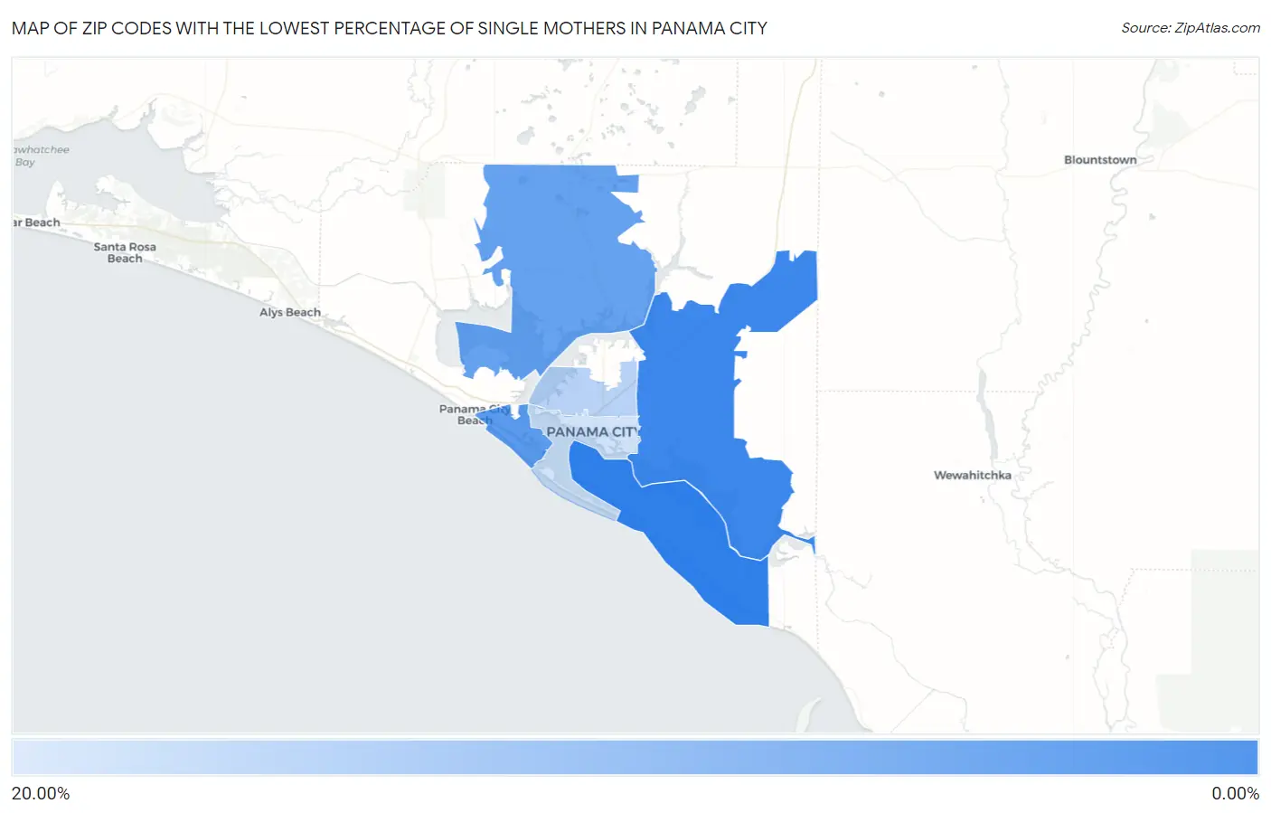 Zip Codes with the Lowest Percentage of Single Mothers in Panama City Map