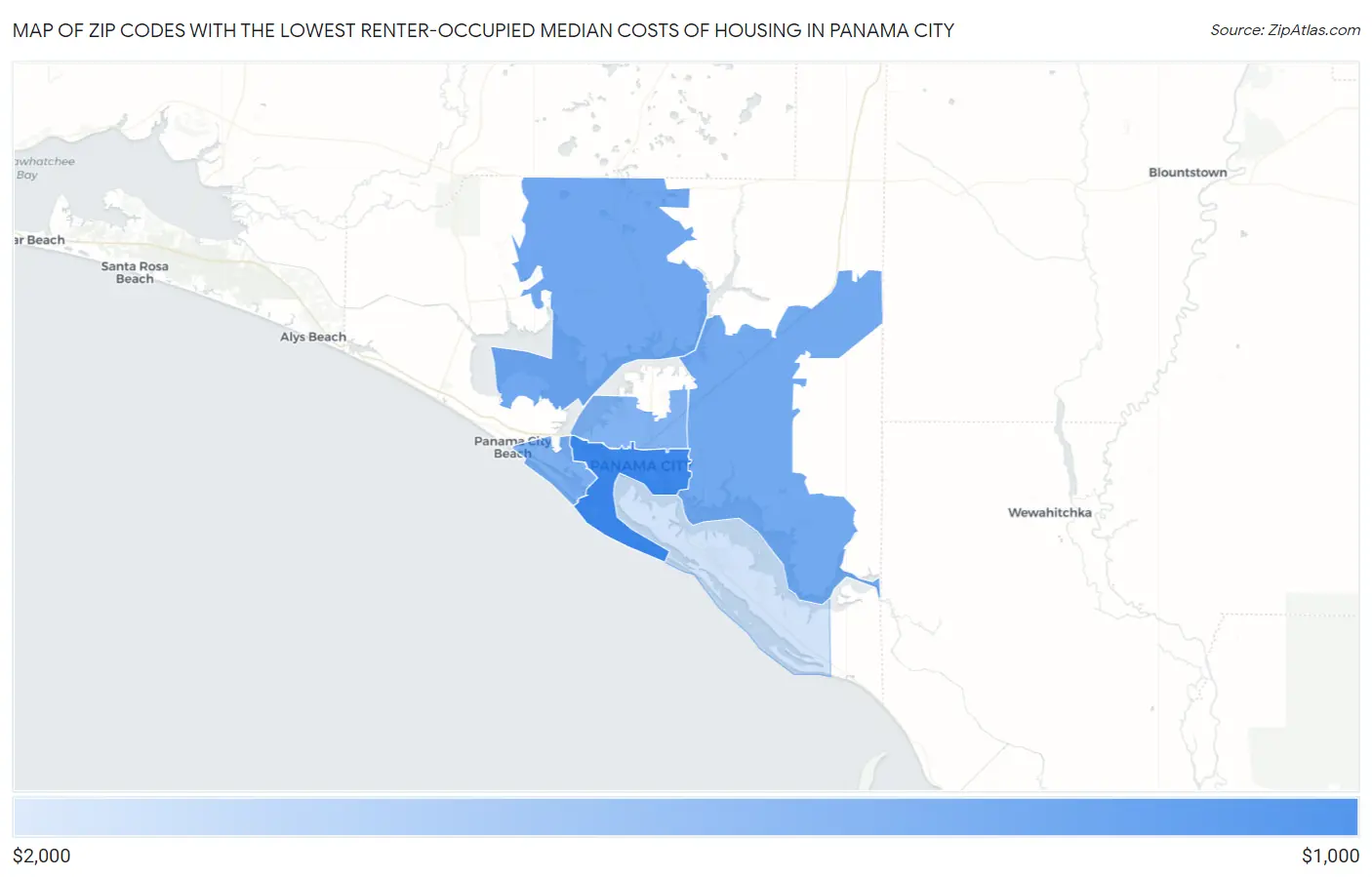 Zip Codes with the Lowest Renter-Occupied Median Costs of Housing in Panama City Map