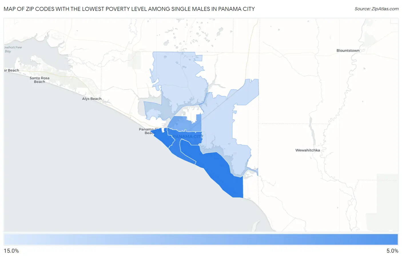 Zip Codes with the Lowest Poverty Level Among Single Males in Panama City Map