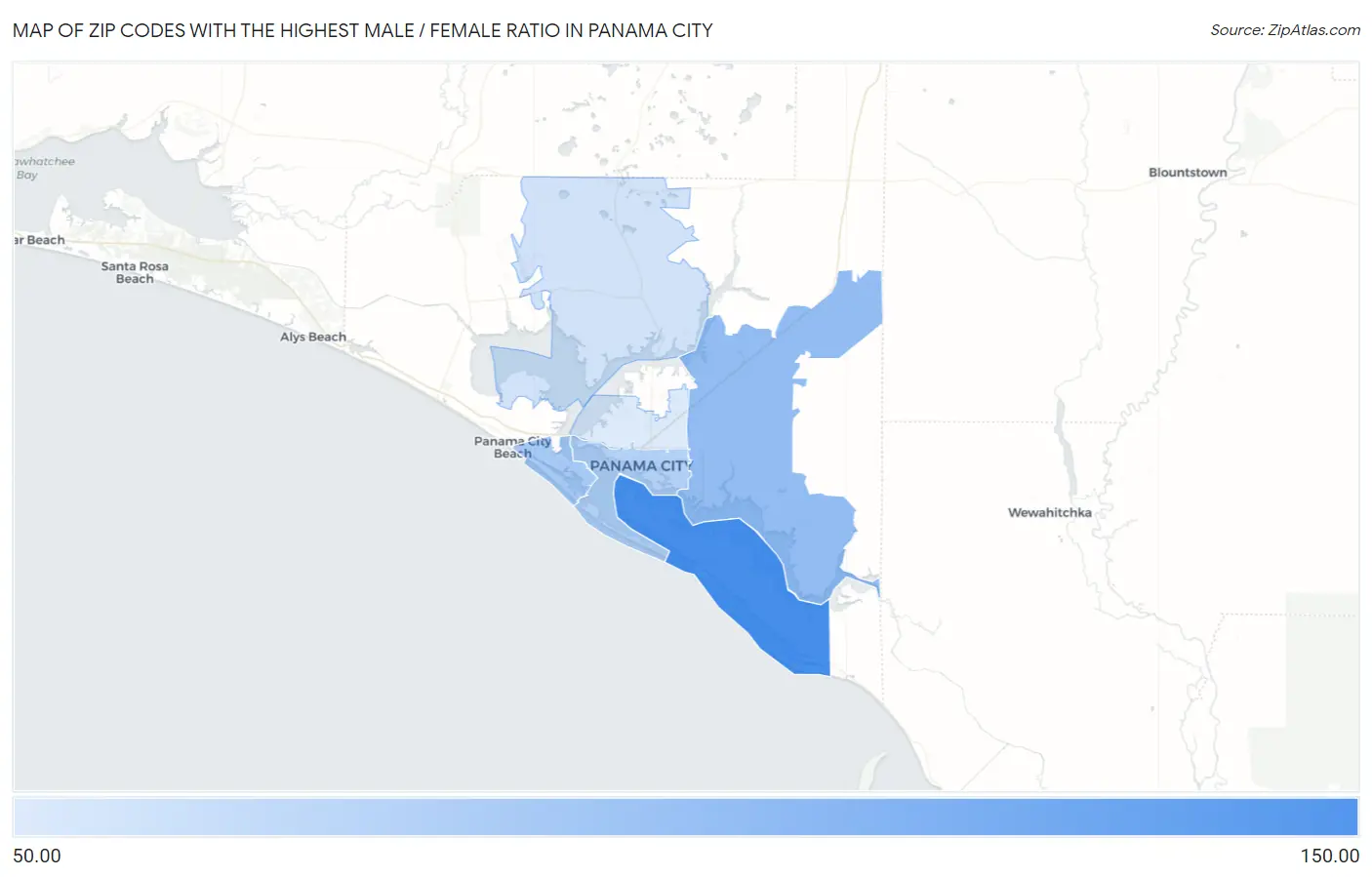 Zip Codes with the Highest Male / Female Ratio in Panama City Map