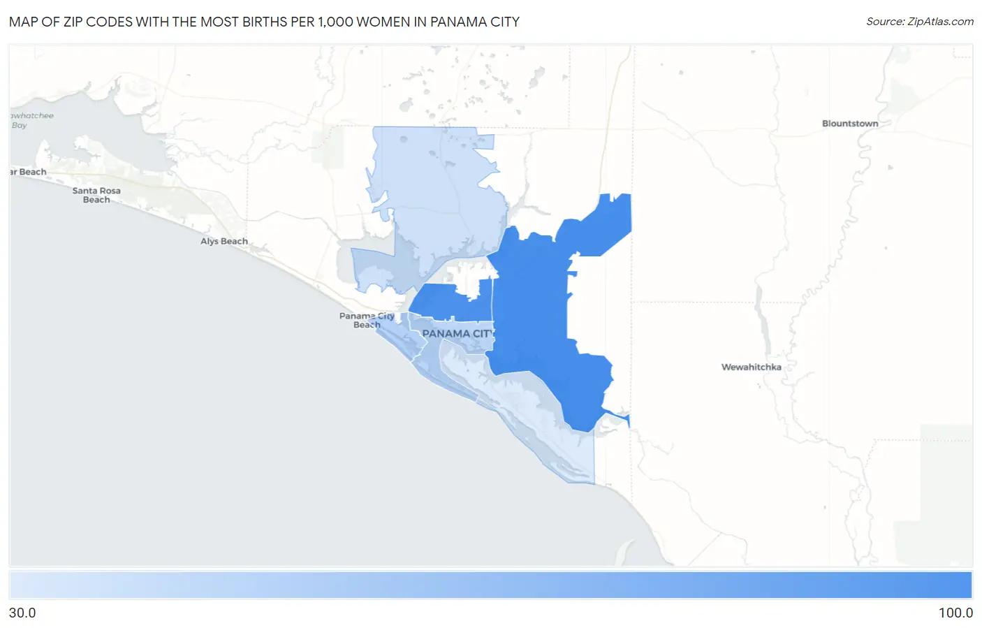 Zip Codes with the Most Births per 1,000 Women in Panama City Map