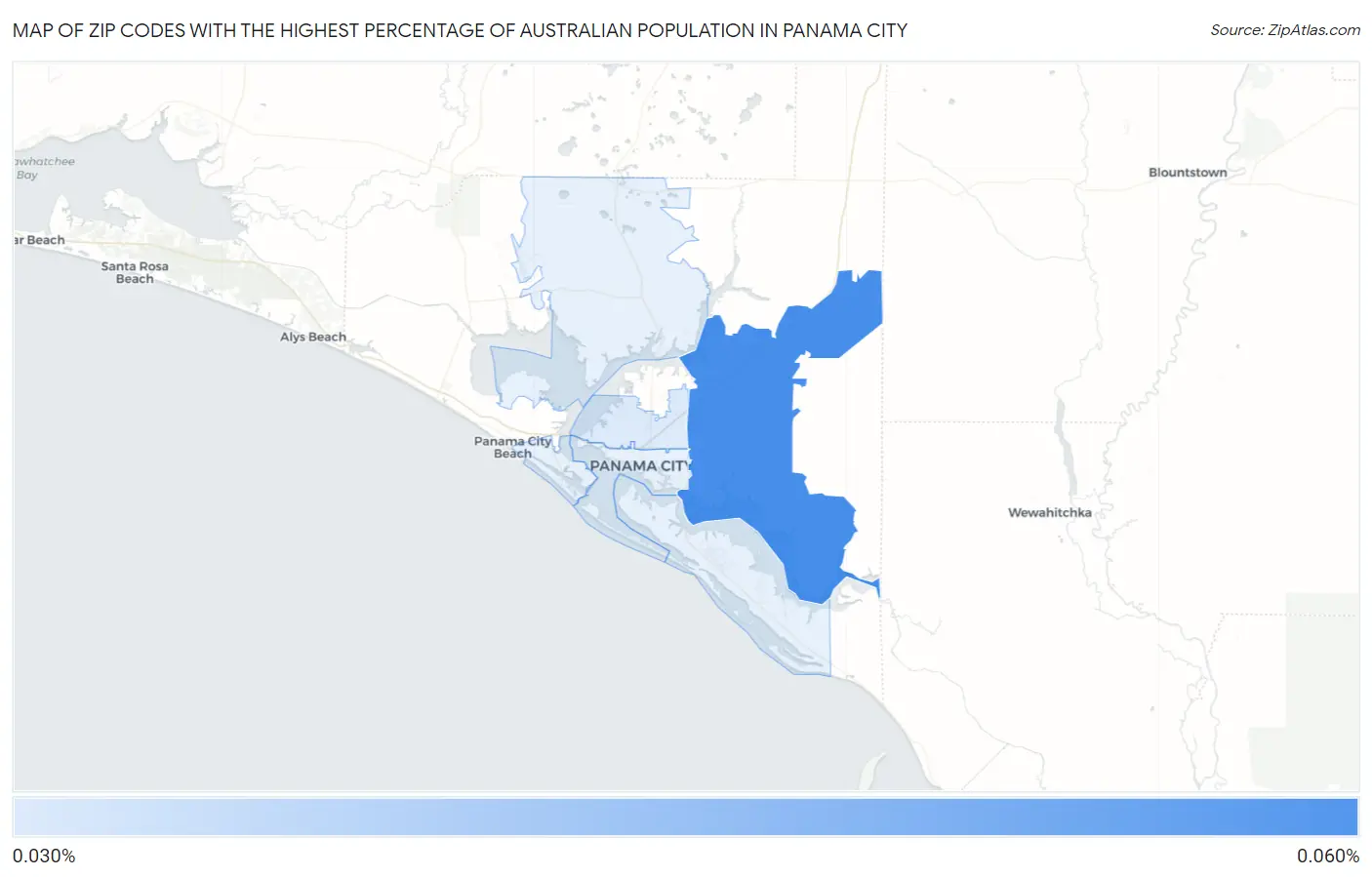 Zip Codes with the Highest Percentage of Australian Population in Panama City Map