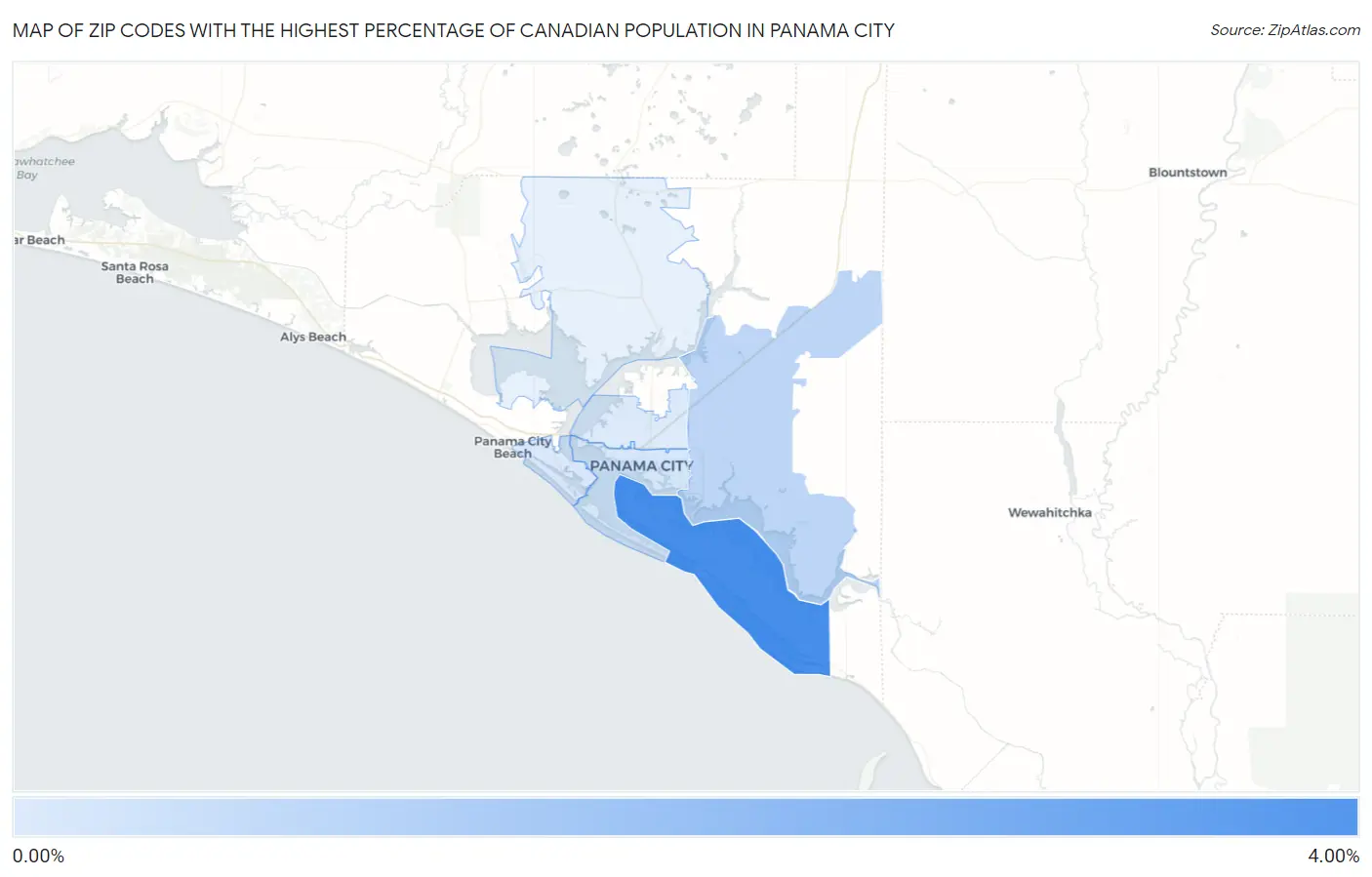 Zip Codes with the Highest Percentage of Canadian Population in Panama City Map