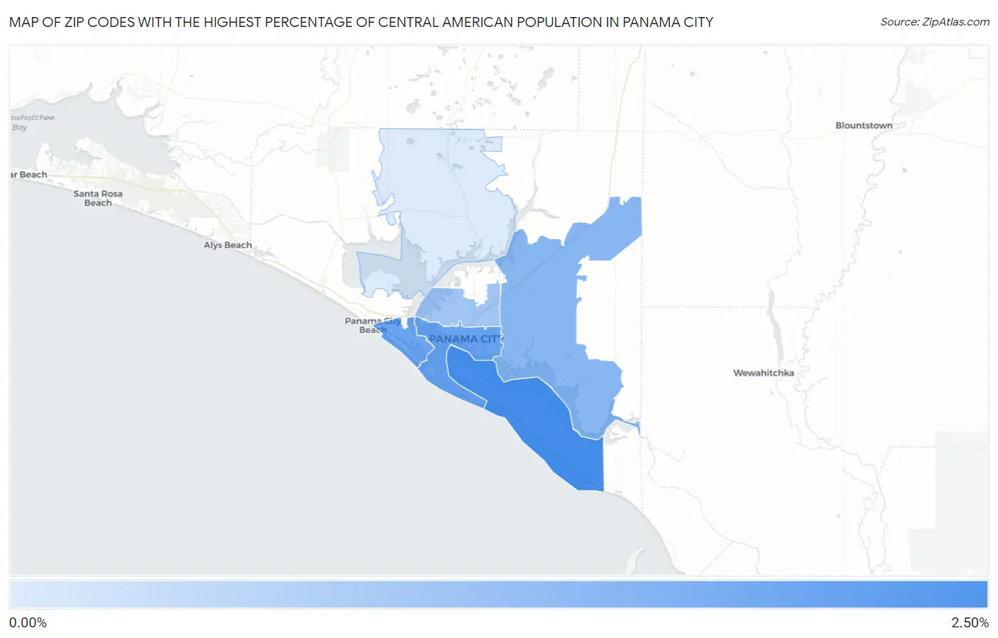 Zip Codes with the Highest Percentage of Central American Population in Panama City Map