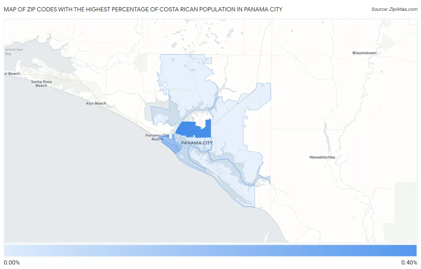 Zip Codes with the Highest Percentage of Costa Rican Population in Panama City Map