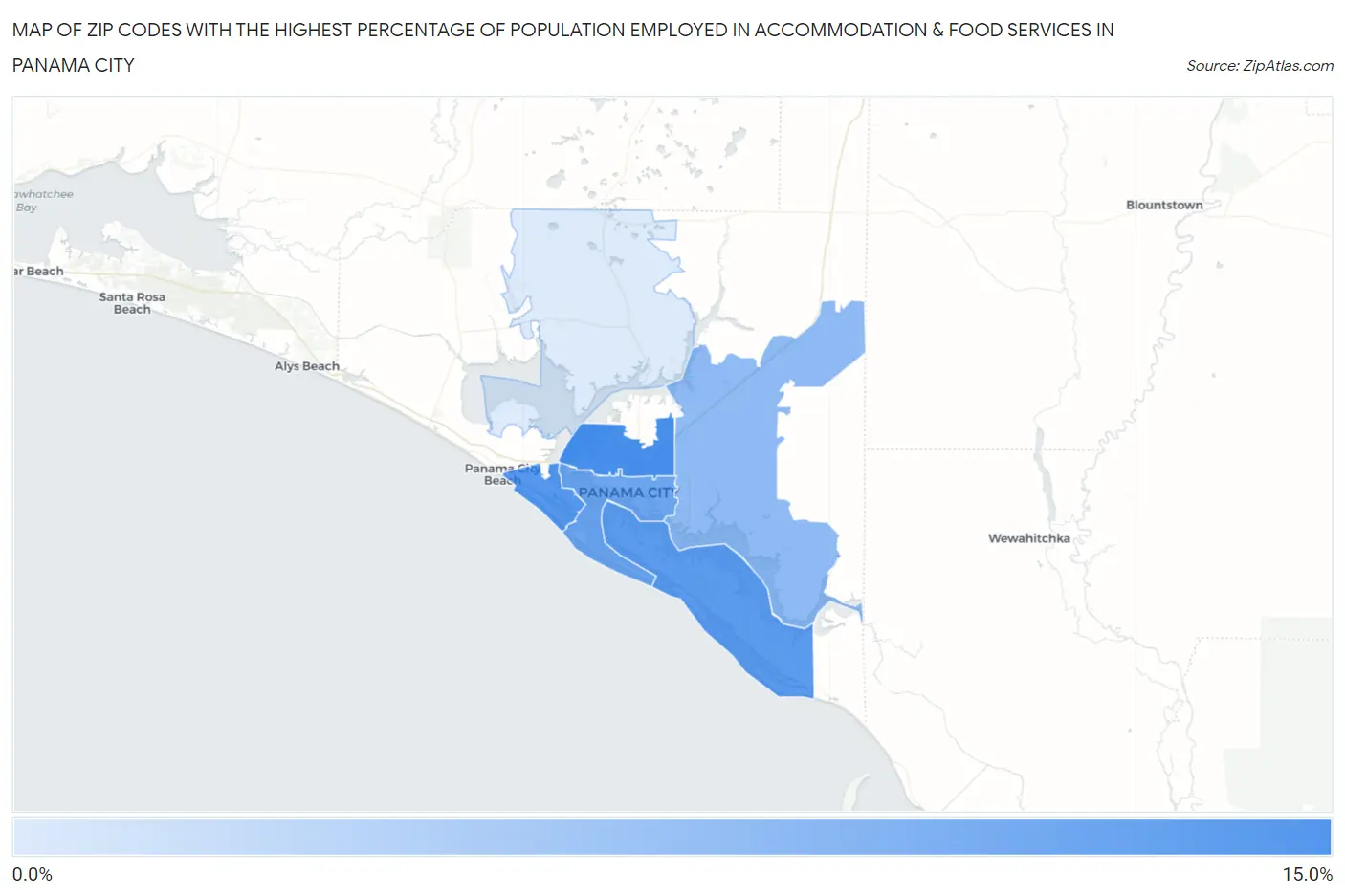 Zip Codes with the Highest Percentage of Population Employed in Accommodation & Food Services in Panama City Map