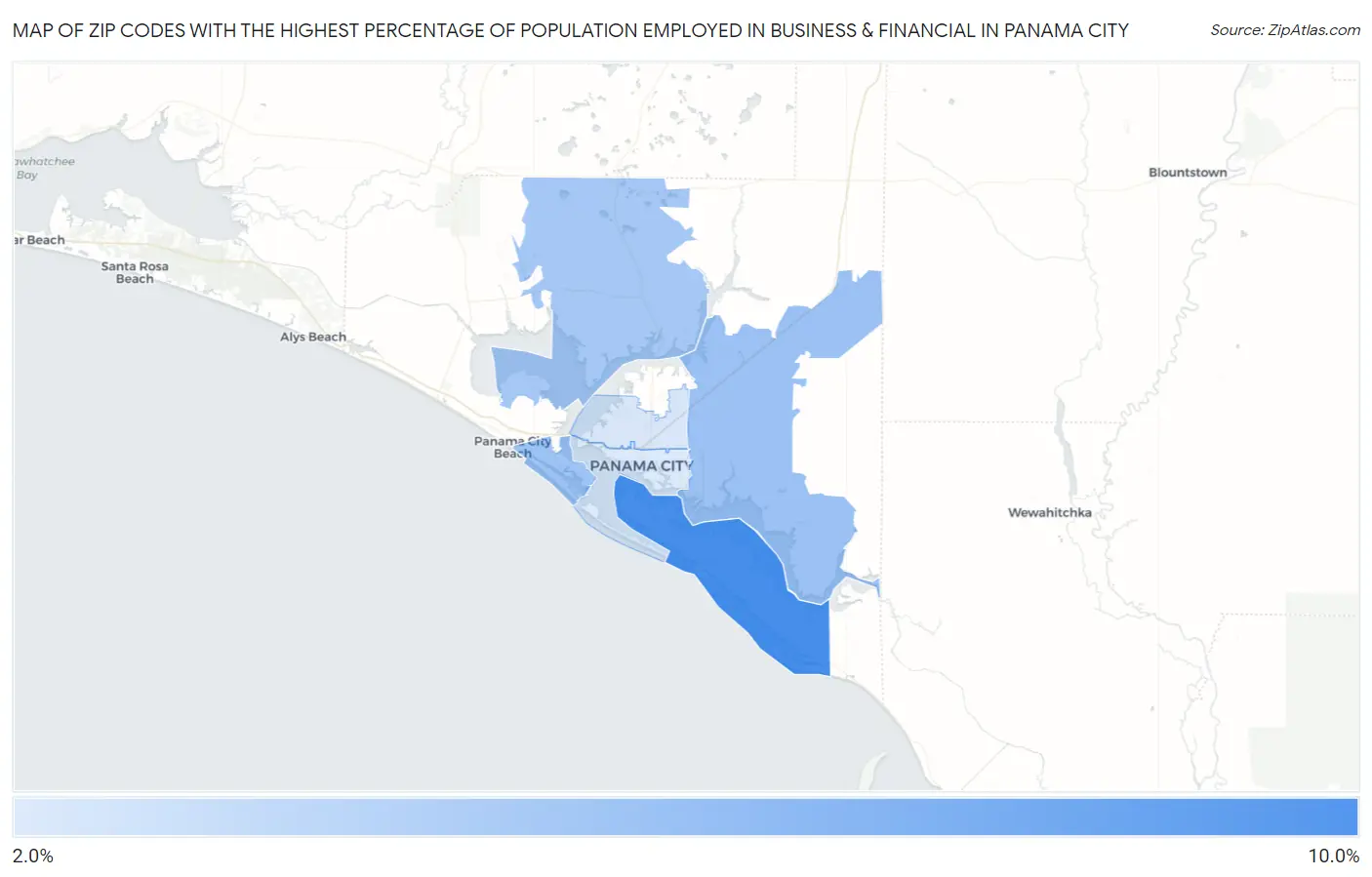 Zip Codes with the Highest Percentage of Population Employed in Business & Financial in Panama City Map