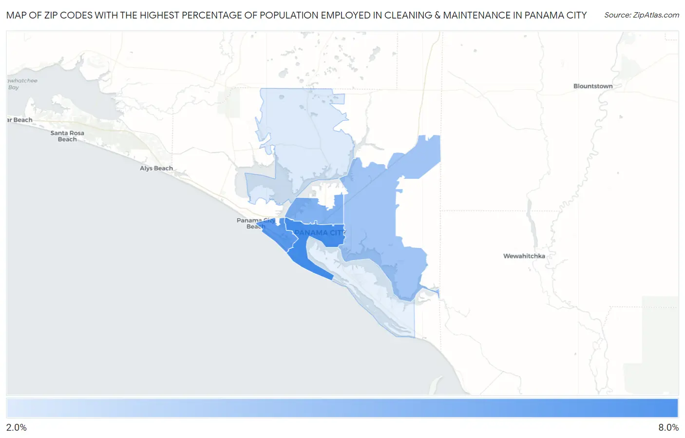 Zip Codes with the Highest Percentage of Population Employed in Cleaning & Maintenance in Panama City Map