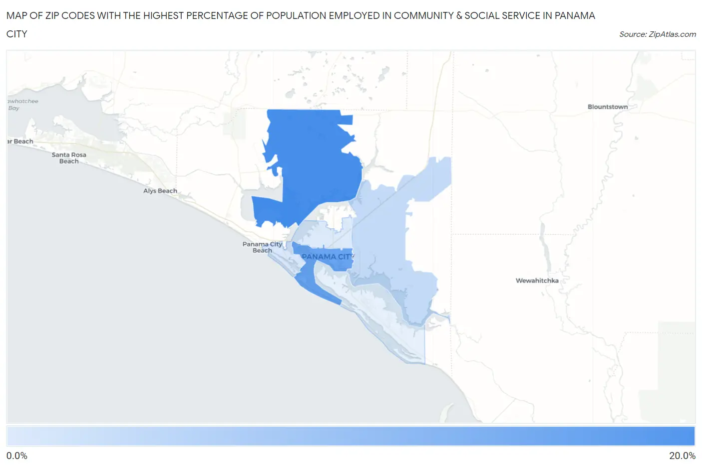 Zip Codes with the Highest Percentage of Population Employed in Community & Social Service  in Panama City Map