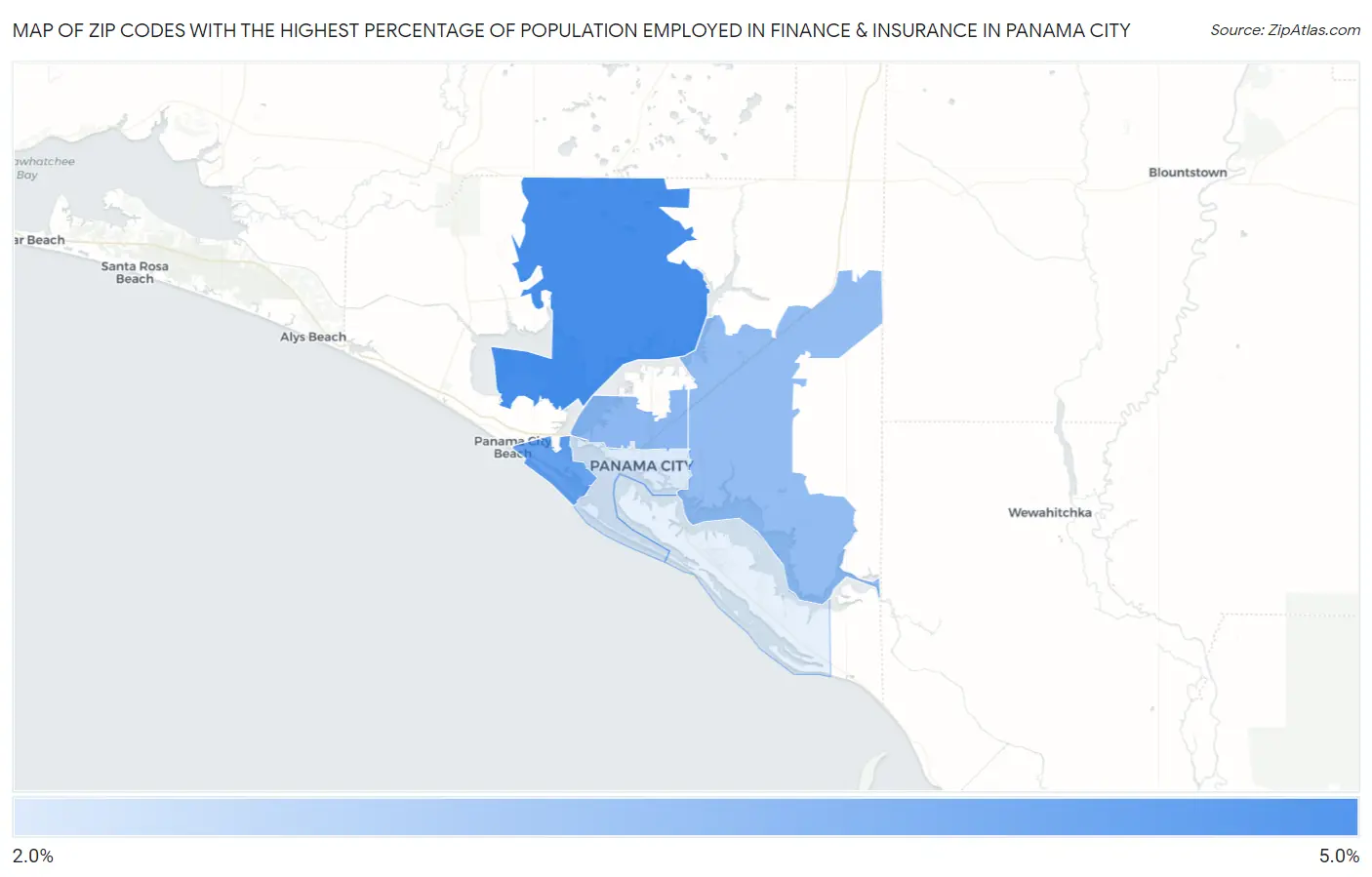 Zip Codes with the Highest Percentage of Population Employed in Finance & Insurance in Panama City Map