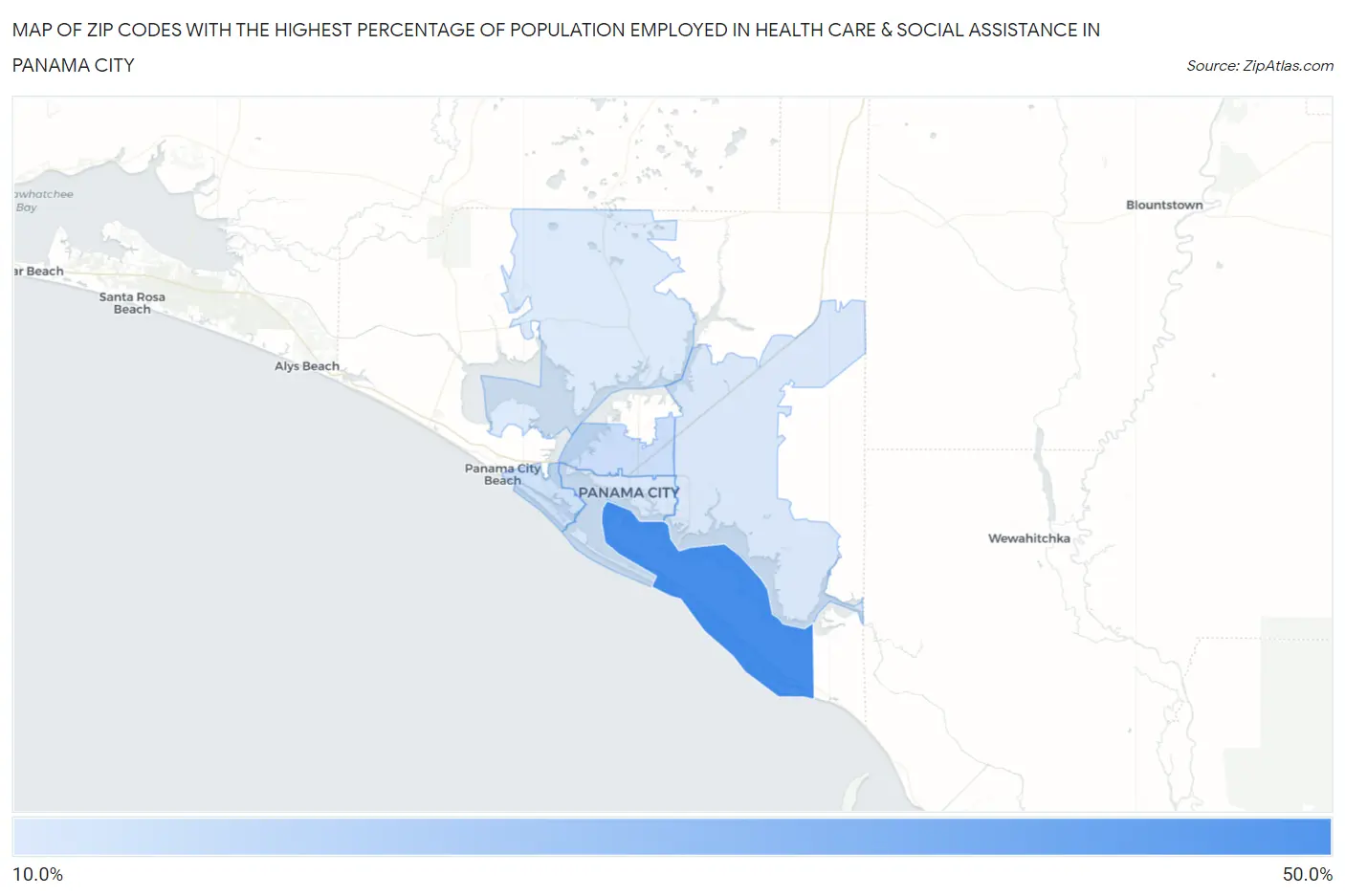 Zip Codes with the Highest Percentage of Population Employed in Health Care & Social Assistance in Panama City Map