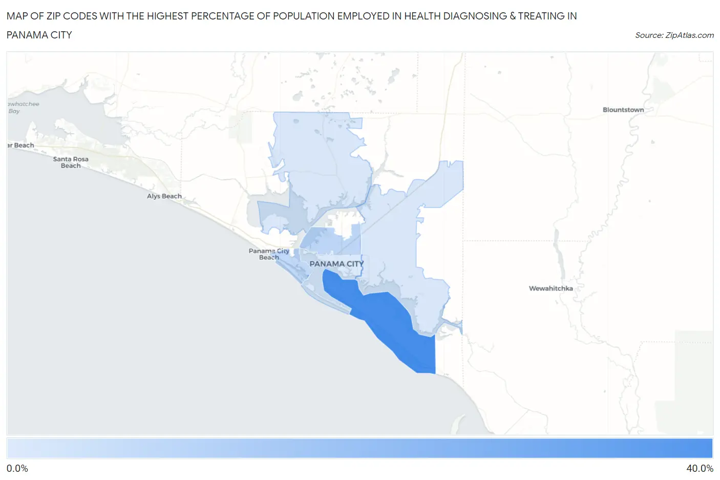 Zip Codes with the Highest Percentage of Population Employed in Health Diagnosing & Treating in Panama City Map