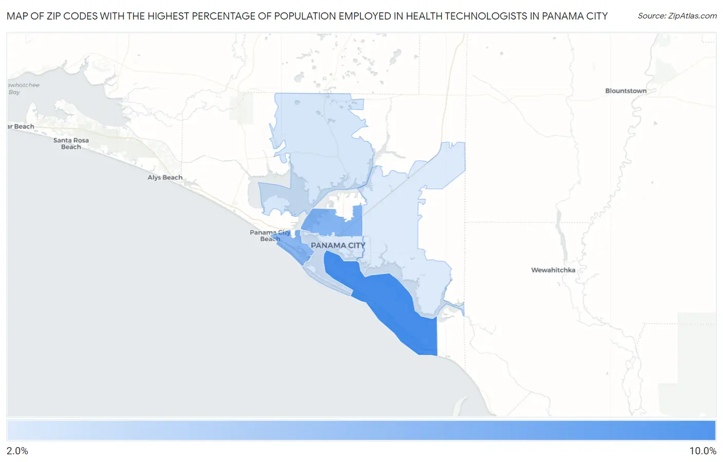 Zip Codes with the Highest Percentage of Population Employed in Health Technologists in Panama City Map