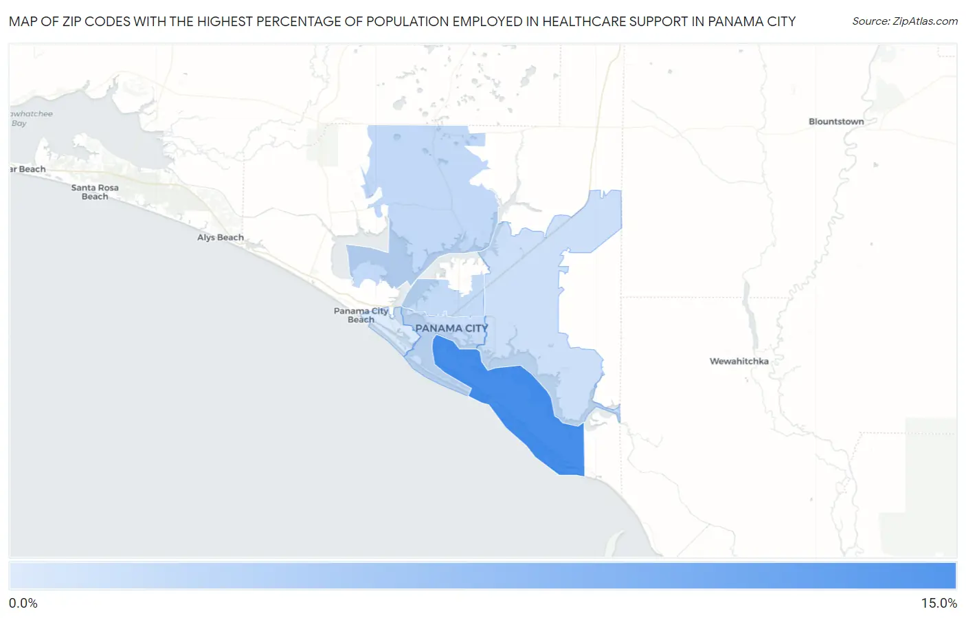 Zip Codes with the Highest Percentage of Population Employed in Healthcare Support in Panama City Map