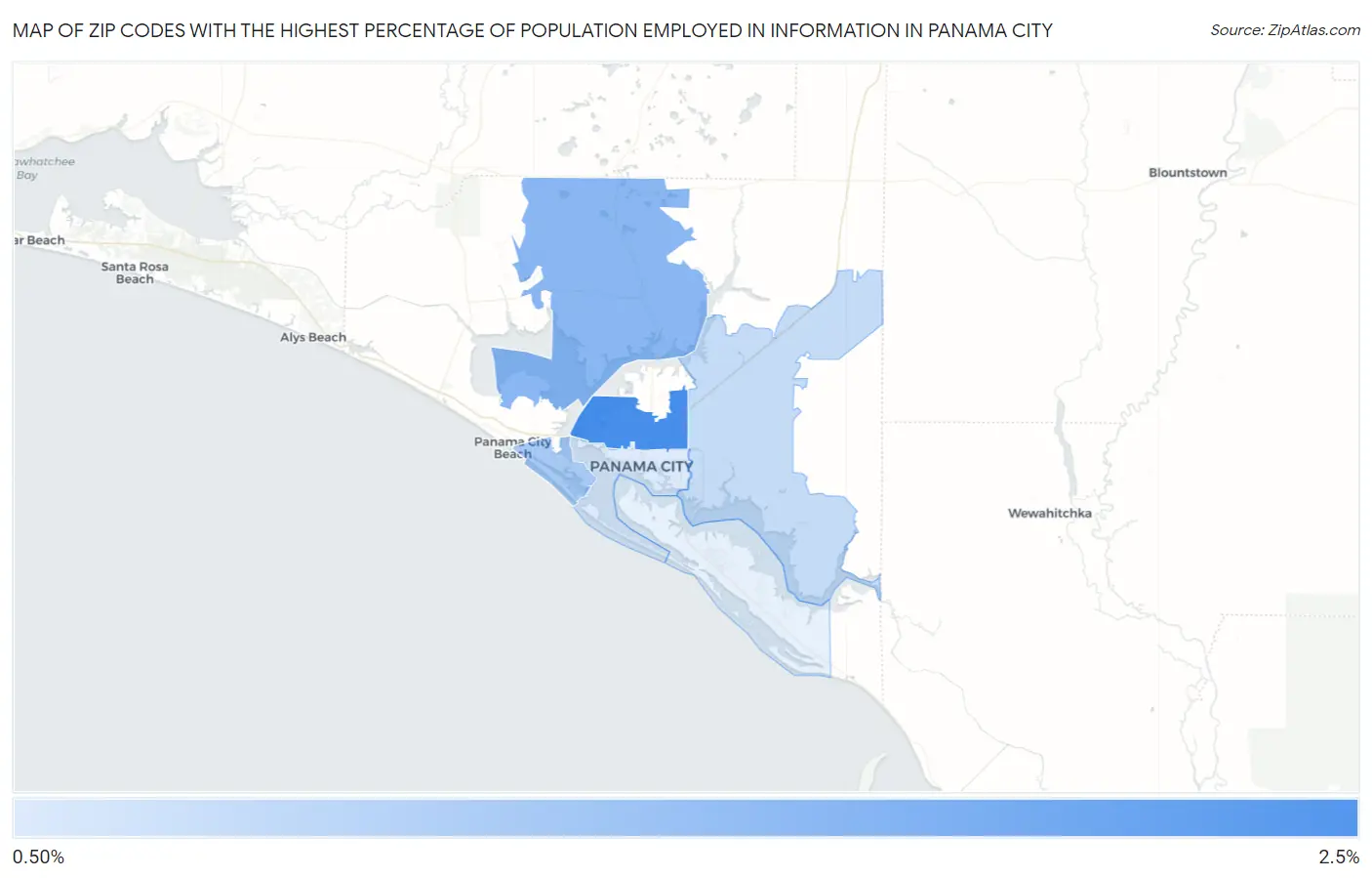 Zip Codes with the Highest Percentage of Population Employed in Information in Panama City Map