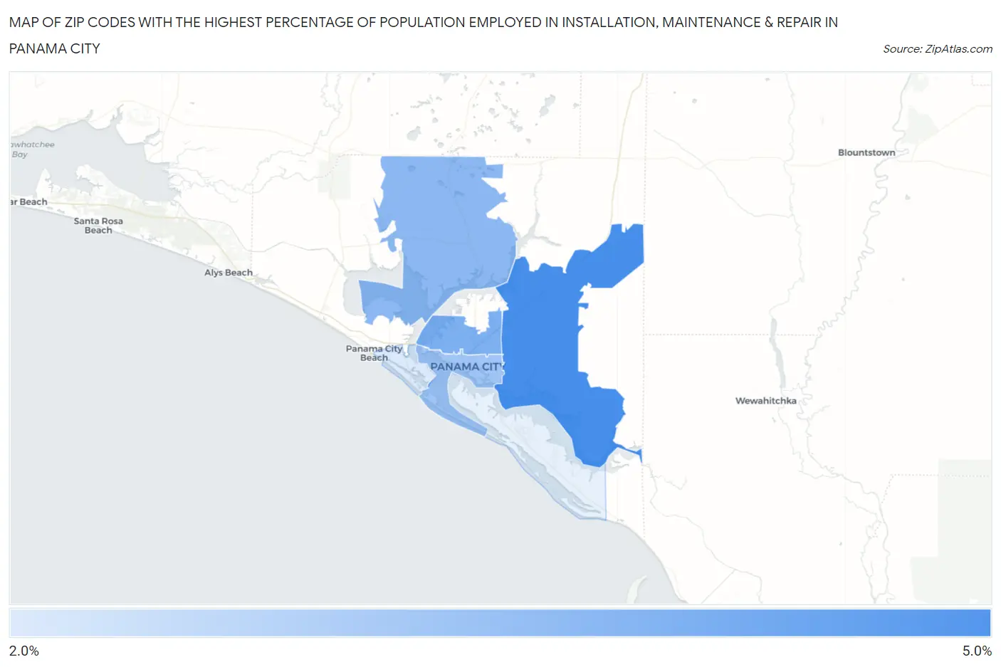 Zip Codes with the Highest Percentage of Population Employed in Installation, Maintenance & Repair in Panama City Map