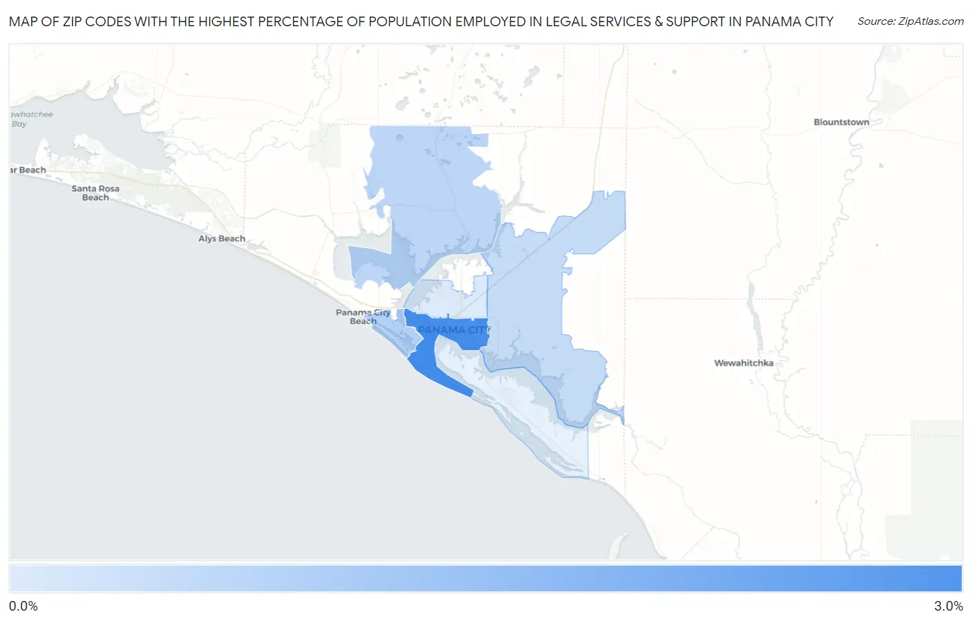 Zip Codes with the Highest Percentage of Population Employed in Legal Services & Support in Panama City Map