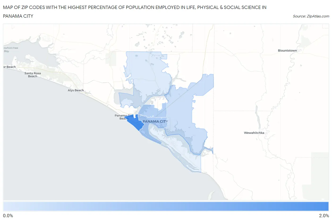 Zip Codes with the Highest Percentage of Population Employed in Life, Physical & Social Science in Panama City Map