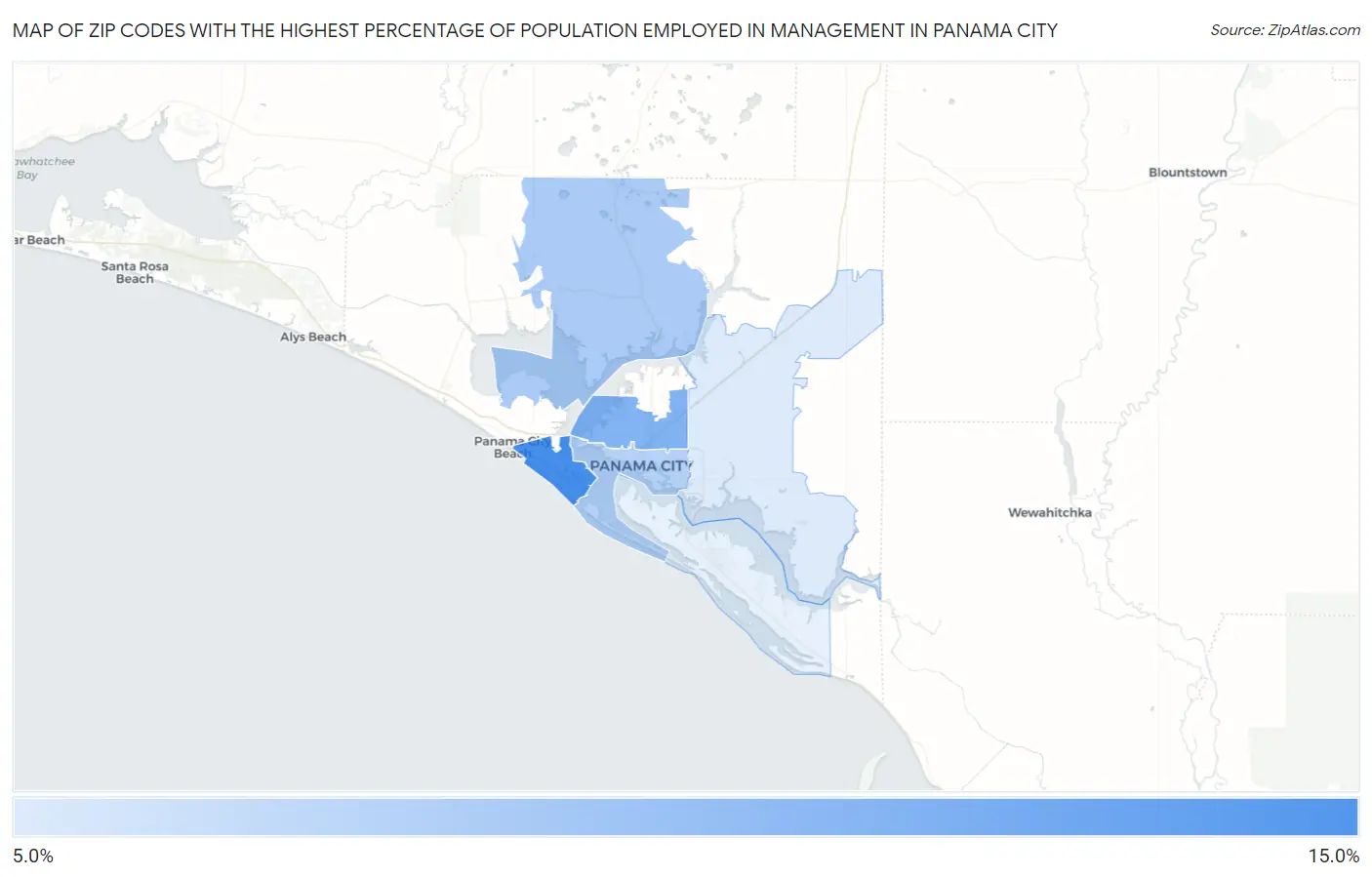 Zip Codes with the Highest Percentage of Population Employed in Management in Panama City Map