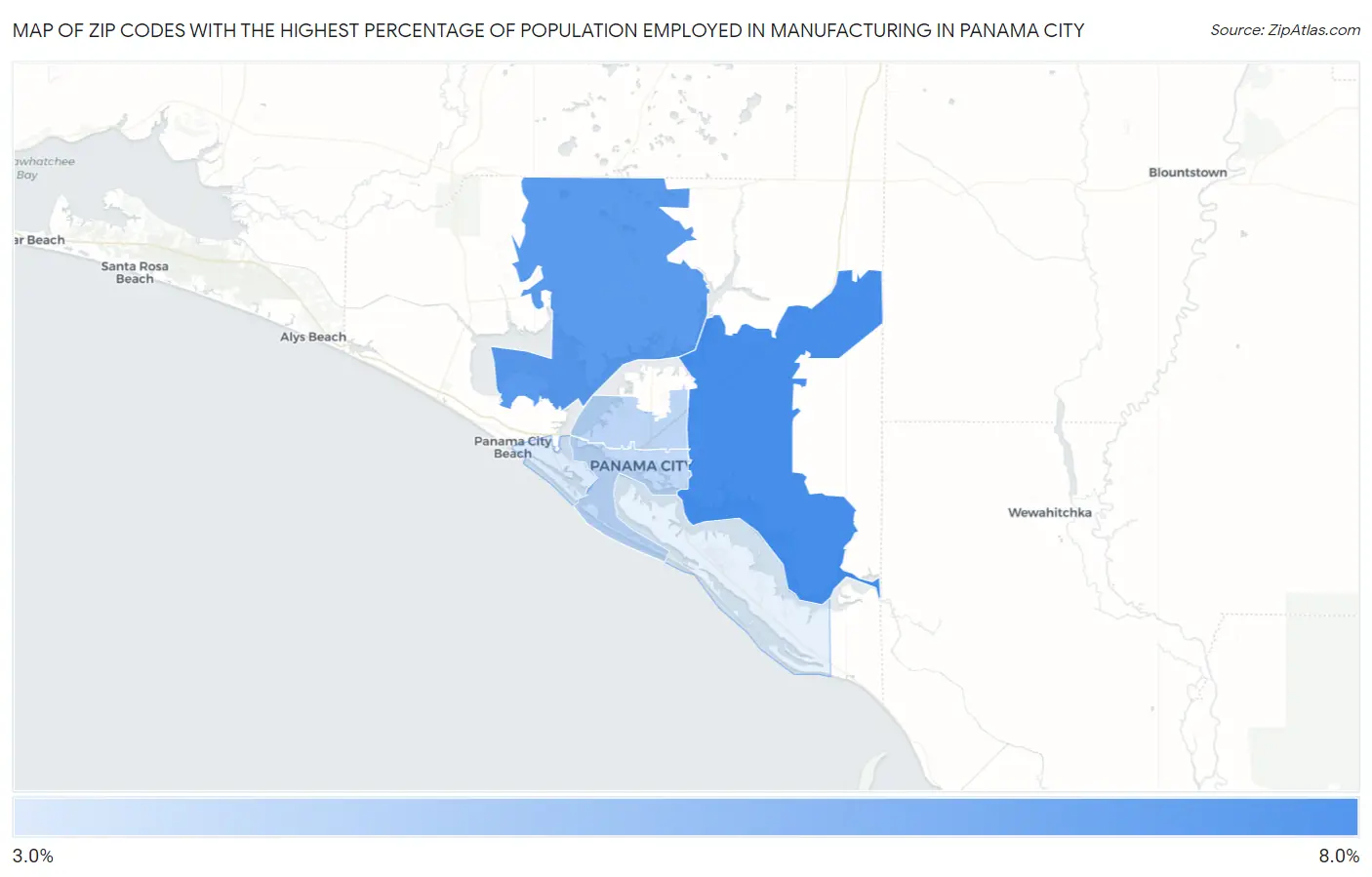 Zip Codes with the Highest Percentage of Population Employed in Manufacturing in Panama City Map