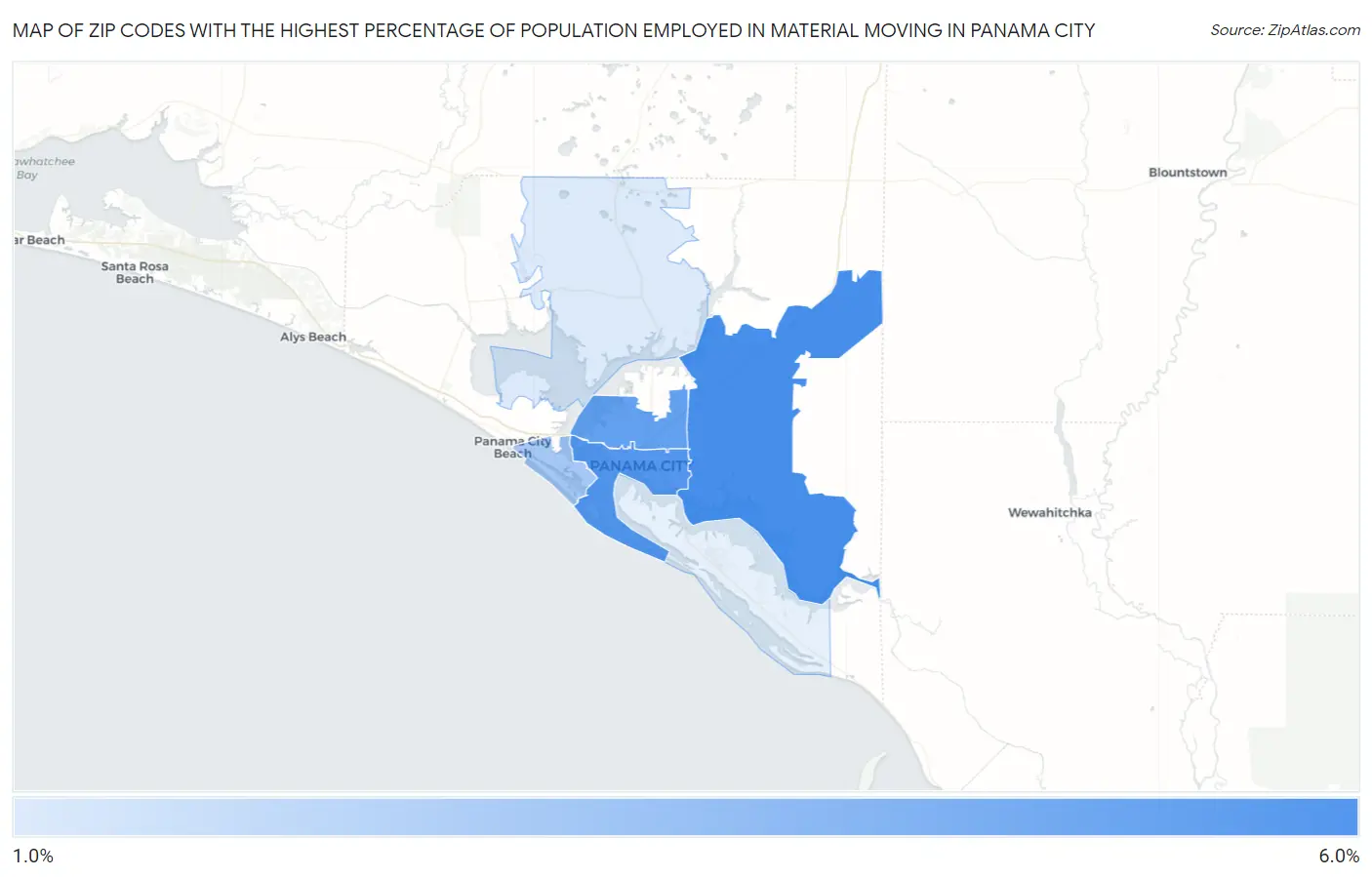 Zip Codes with the Highest Percentage of Population Employed in Material Moving in Panama City Map
