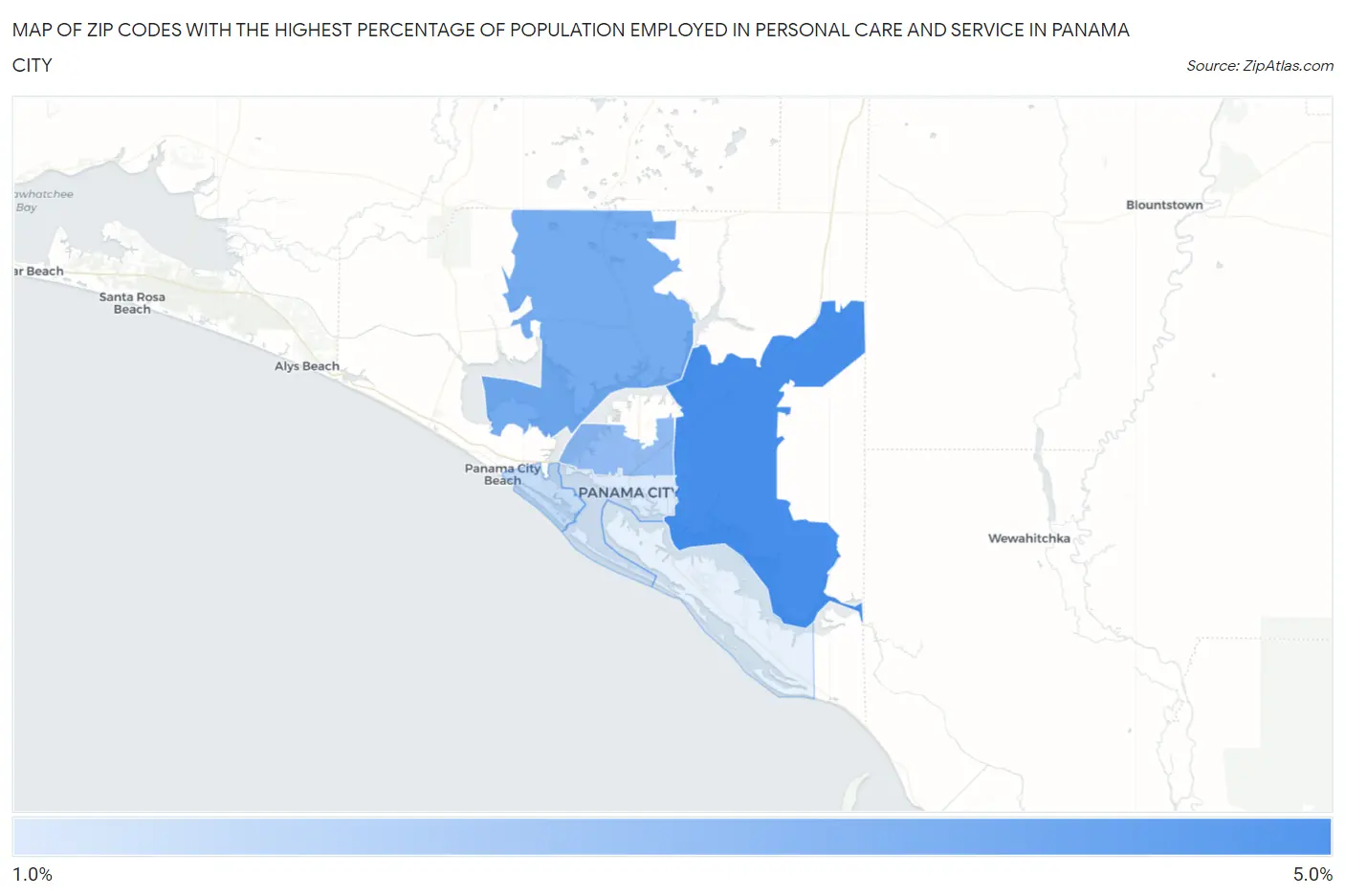 Zip Codes with the Highest Percentage of Population Employed in Personal Care and Service in Panama City Map
