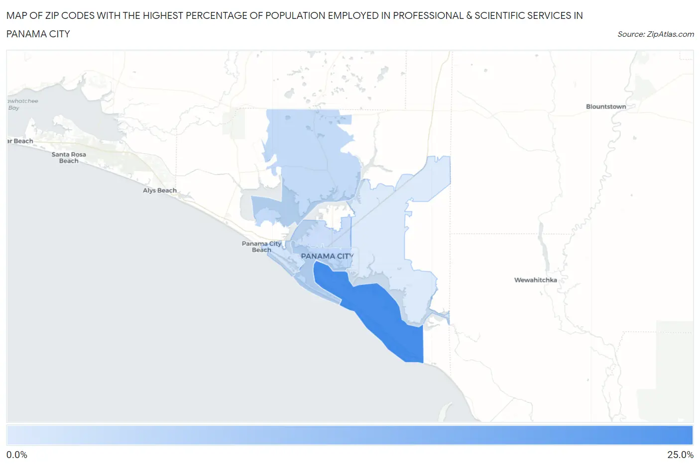 Zip Codes with the Highest Percentage of Population Employed in Professional & Scientific Services in Panama City Map
