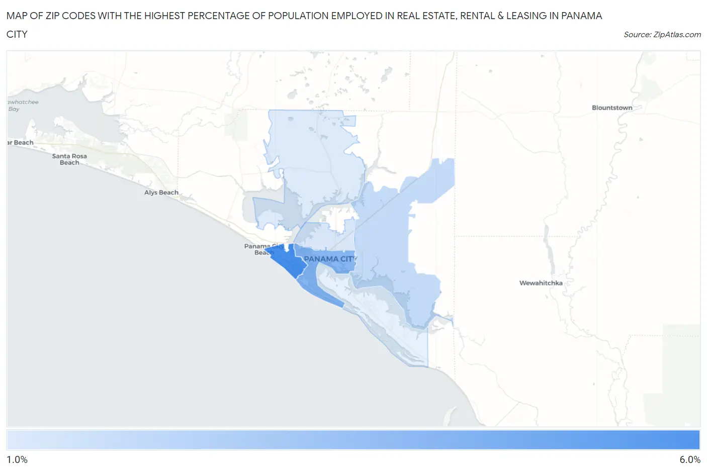 Zip Codes with the Highest Percentage of Population Employed in Real Estate, Rental & Leasing in Panama City Map