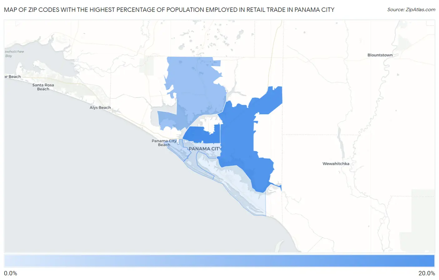 Zip Codes with the Highest Percentage of Population Employed in Retail Trade in Panama City Map