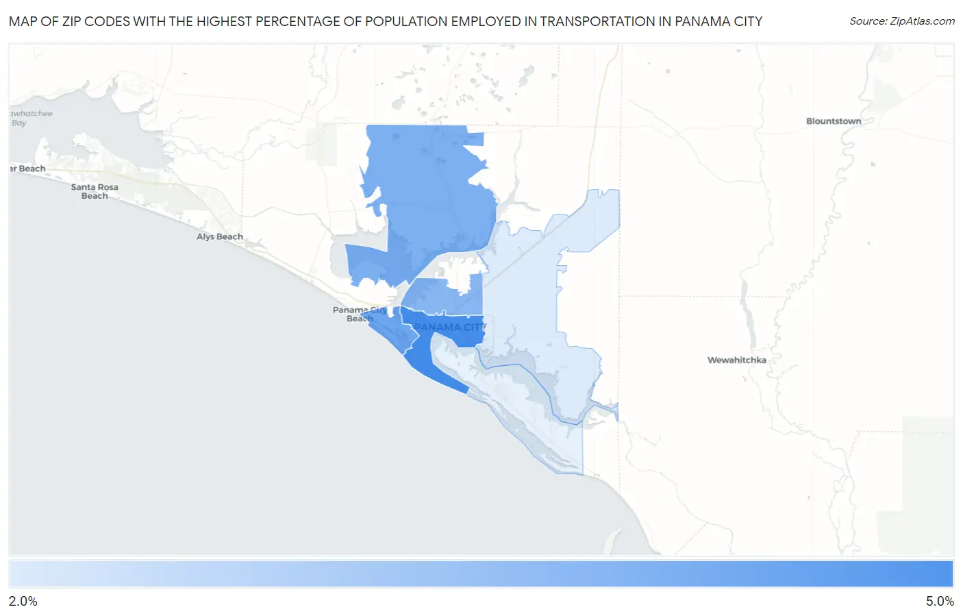 Zip Codes with the Highest Percentage of Population Employed in Transportation in Panama City Map