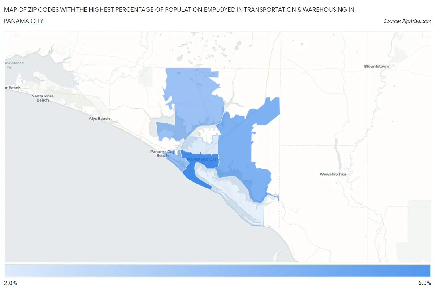 Zip Codes with the Highest Percentage of Population Employed in Transportation & Warehousing in Panama City Map
