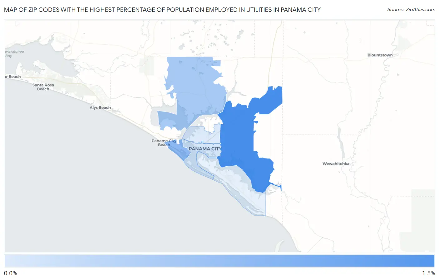 Zip Codes with the Highest Percentage of Population Employed in Utilities in Panama City Map