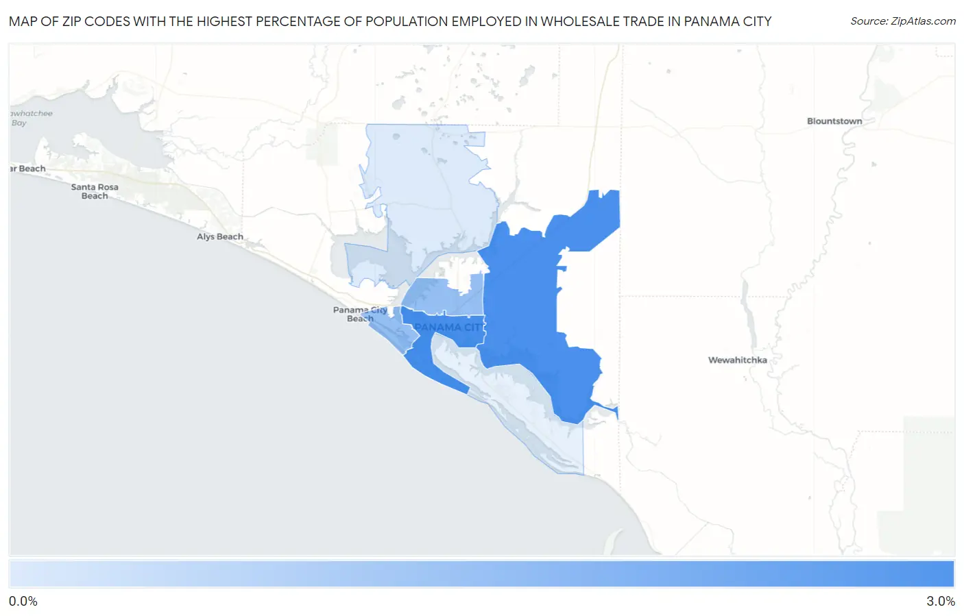 Zip Codes with the Highest Percentage of Population Employed in Wholesale Trade in Panama City Map