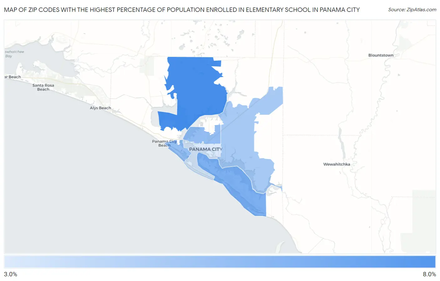 Zip Codes with the Highest Percentage of Population Enrolled in Elementary School in Panama City Map