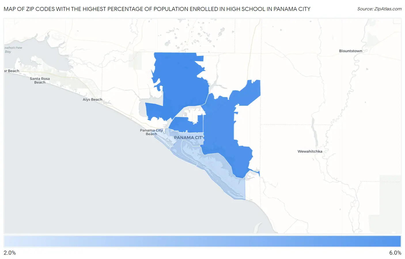 Zip Codes with the Highest Percentage of Population Enrolled in High School in Panama City Map