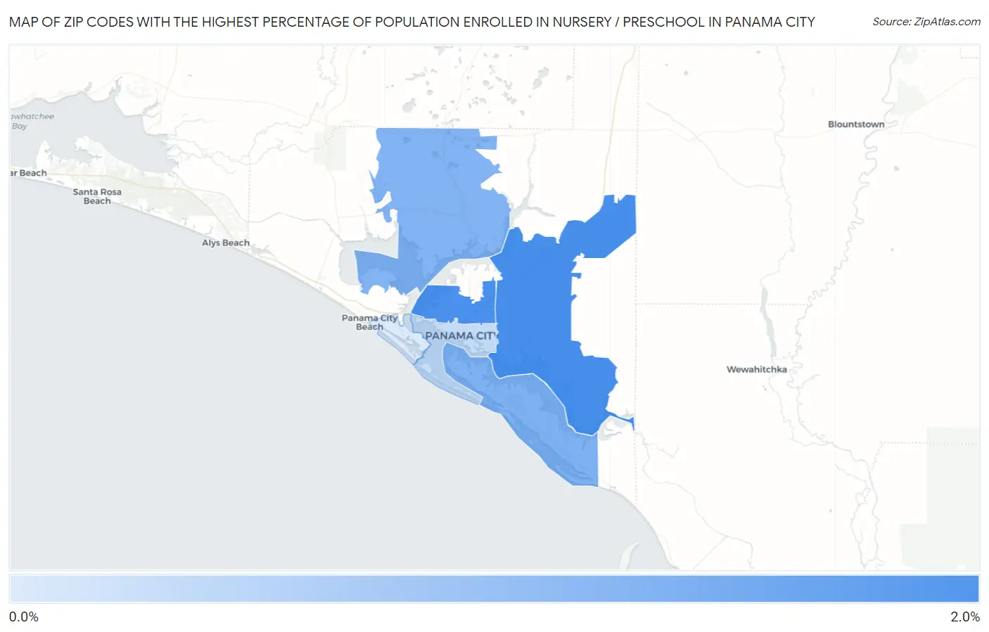 Zip Codes with the Highest Percentage of Population Enrolled in Nursery / Preschool in Panama City Map