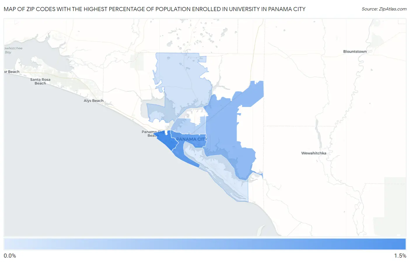 Zip Codes with the Highest Percentage of Population Enrolled in University in Panama City Map