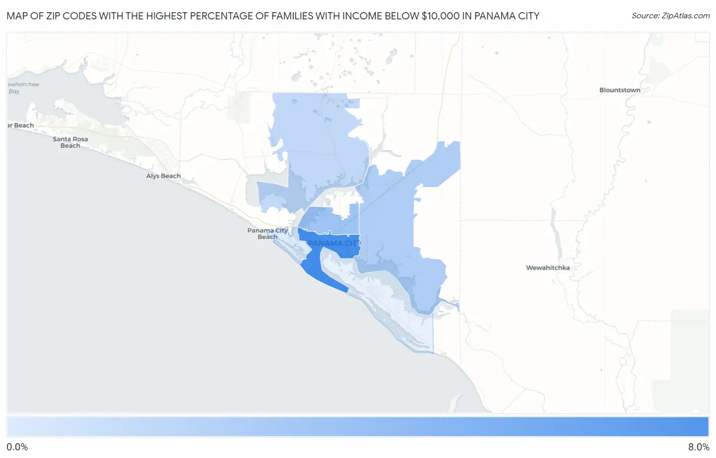 Zip Codes with the Highest Percentage of Families with Income Below $10,000 in Panama City Map