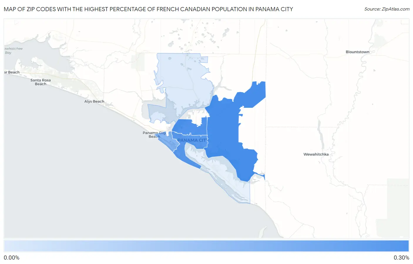 Zip Codes with the Highest Percentage of French Canadian Population in Panama City Map