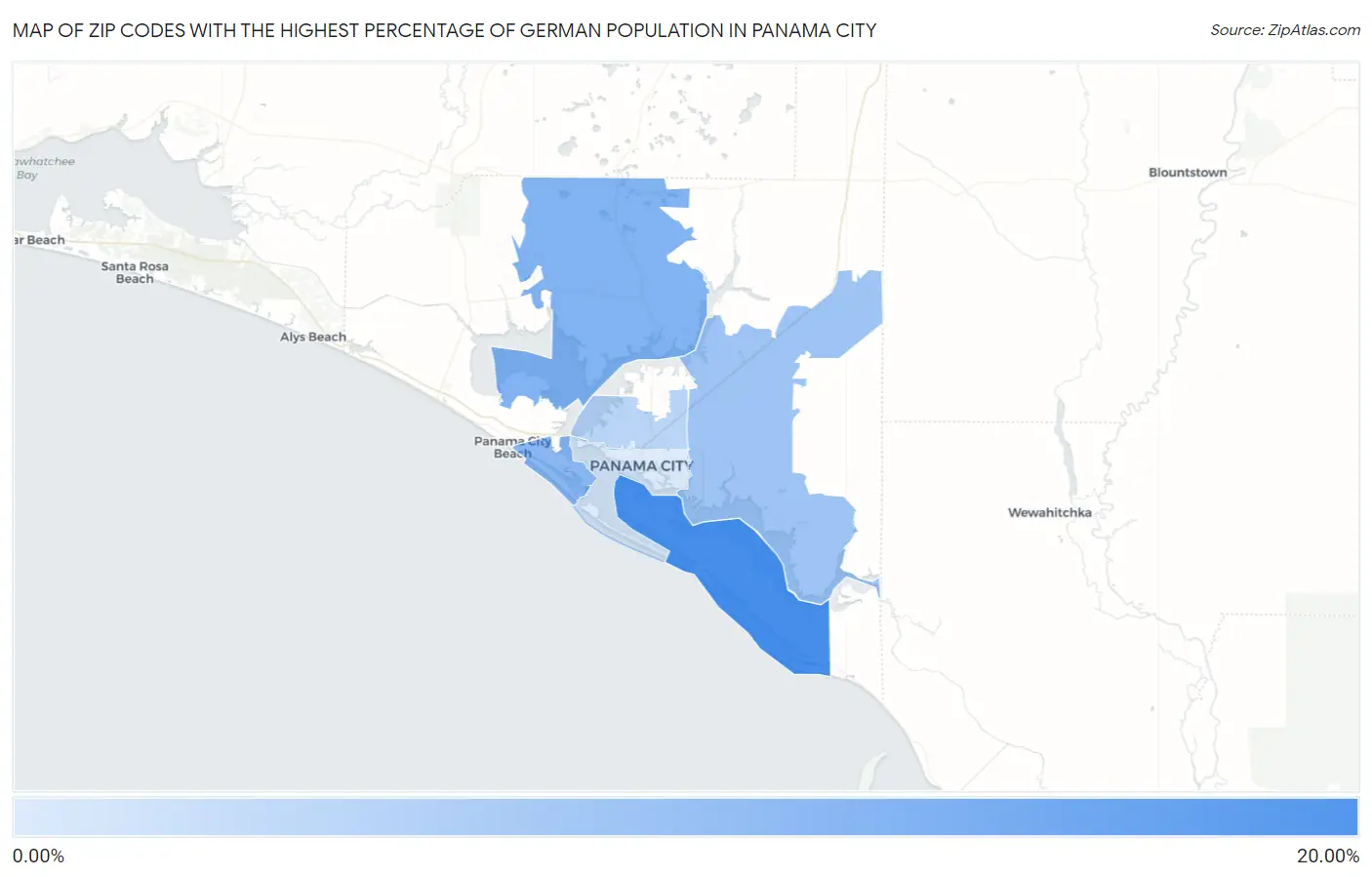 Zip Codes with the Highest Percentage of German Population in Panama City Map