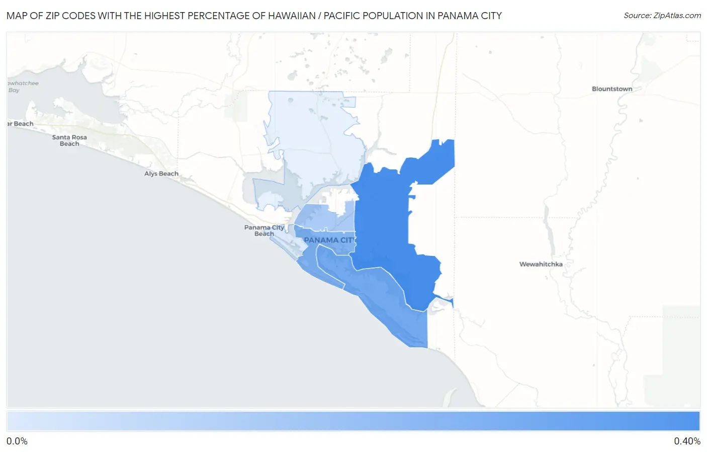 Zip Codes with the Highest Percentage of Hawaiian / Pacific Population in Panama City Map