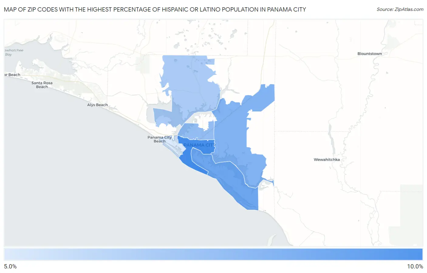 Zip Codes with the Highest Percentage of Hispanic or Latino Population in Panama City Map