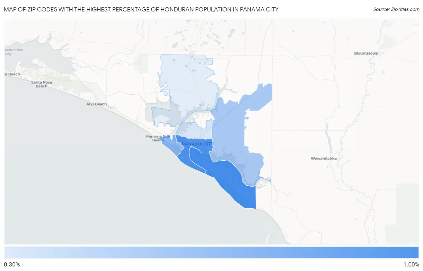 Zip Codes with the Highest Percentage of Honduran Population in Panama City Map