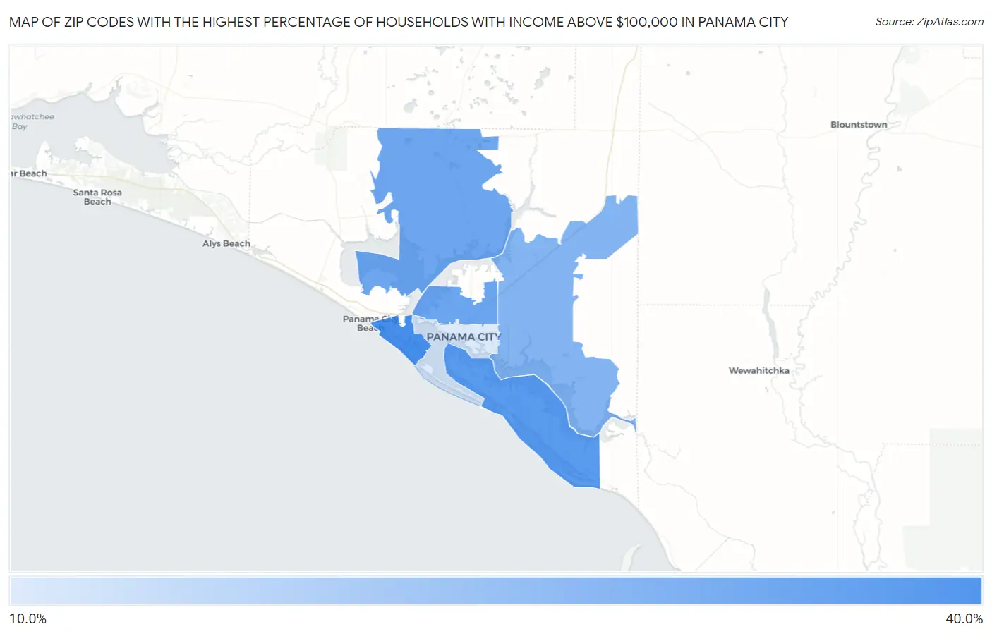 Zip Codes with the Highest Percentage of Households with Income Above $100,000 in Panama City Map