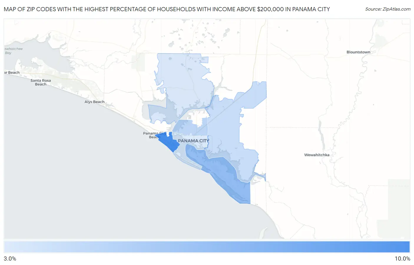 Zip Codes with the Highest Percentage of Households with Income Above $200,000 in Panama City Map