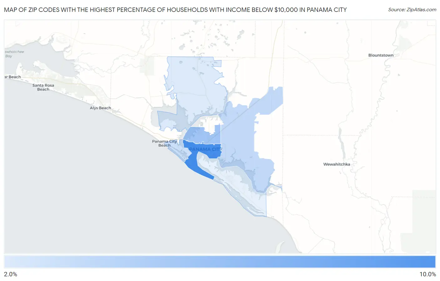 Zip Codes with the Highest Percentage of Households with Income Below $10,000 in Panama City Map