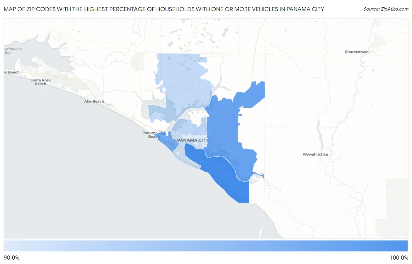 Zip Codes with the Highest Percentage of Households With One or more Vehicles in Panama City Map