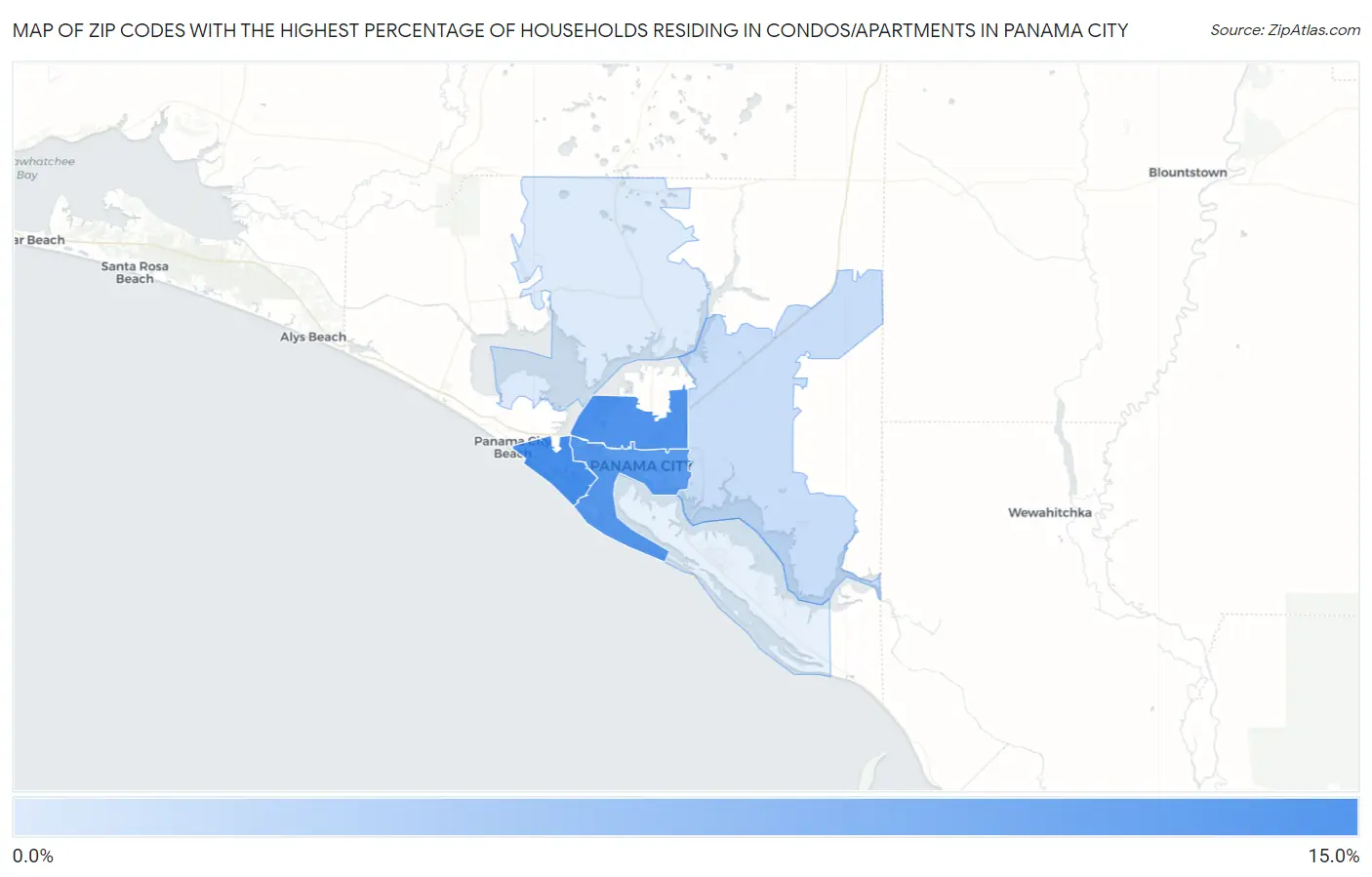 Zip Codes with the Highest Percentage of Households Residing in Condos/Apartments in Panama City Map